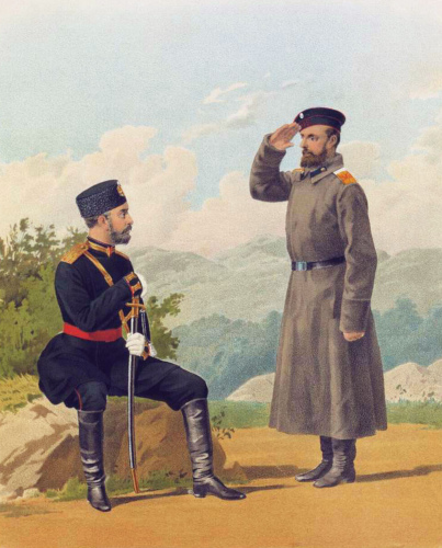 Рисунок 2. Учебный унтер-офицерский батальон. 
	Штаб-офицер в обыкновенной форме (слева) и унтер-офицер — в шинели (справа). (Приказ по Военному Ведомству 1887 г. № 241). [42, рис. № 91]