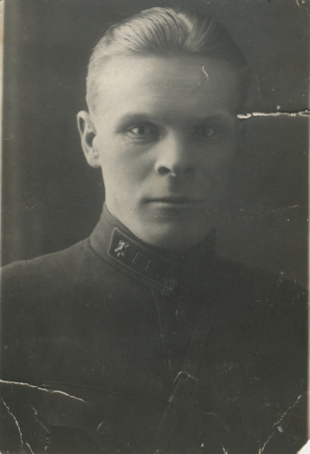 Снимок неизвестного командира демонстрирует 
	редкую разновидность петличного значка химических частей («цельный рельефный»)